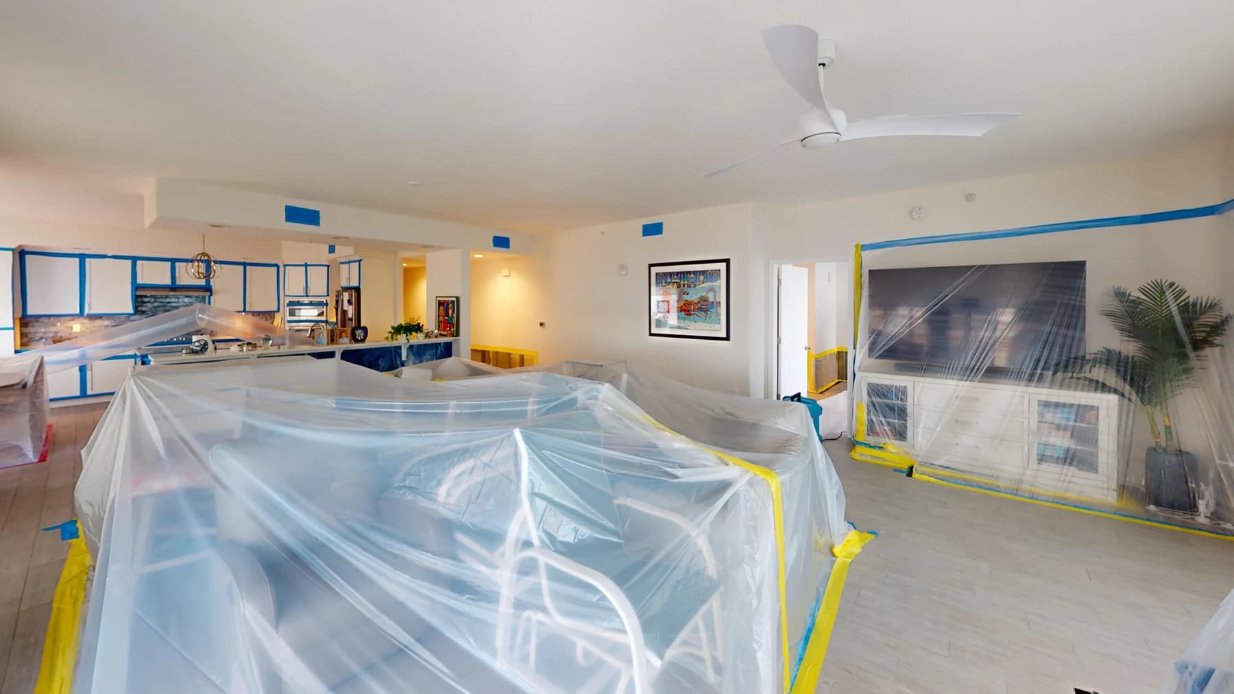 Furniture and belongings covered during Shawn’s restoration work