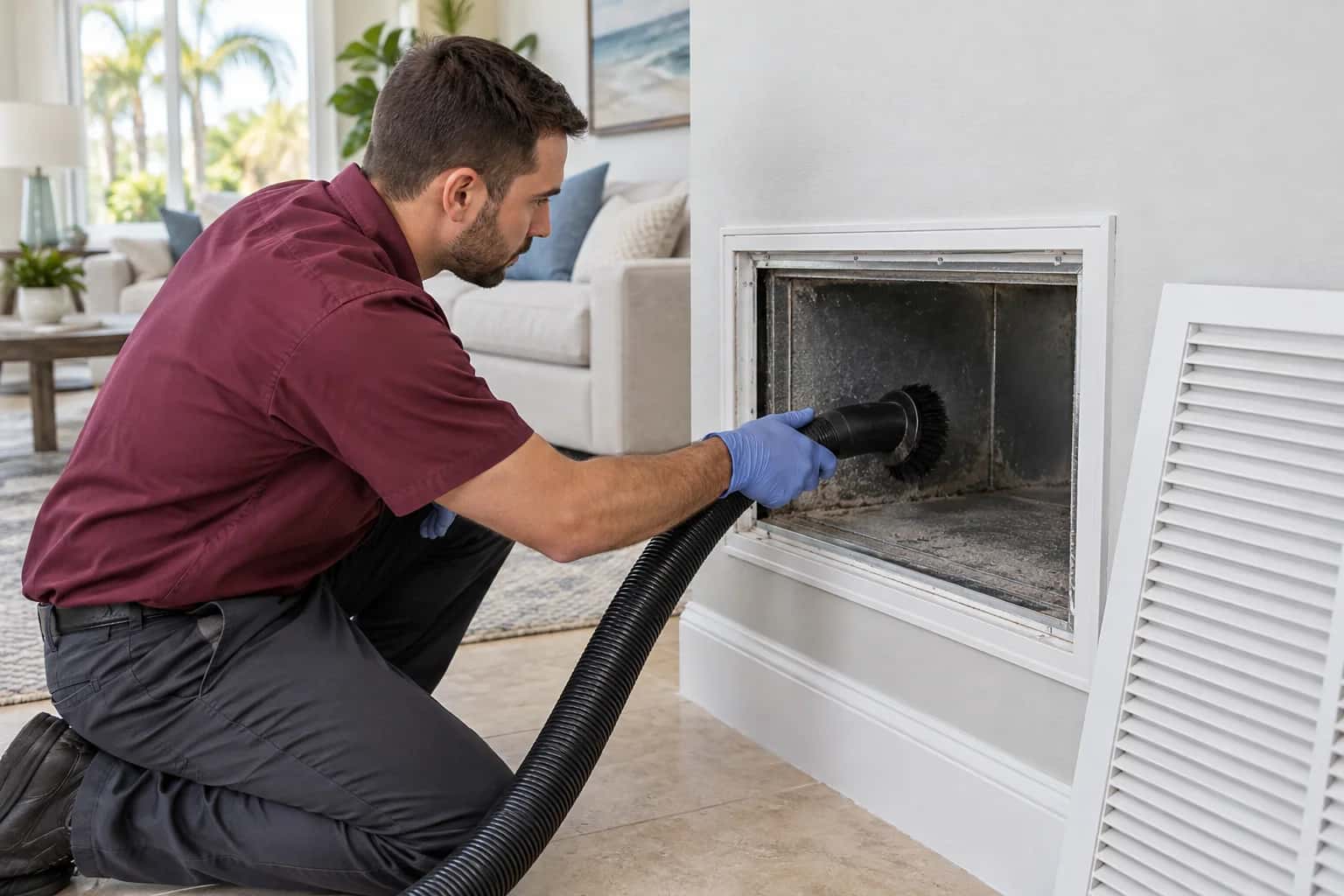 Technician cleaning an open air return with a vacuum hose.
