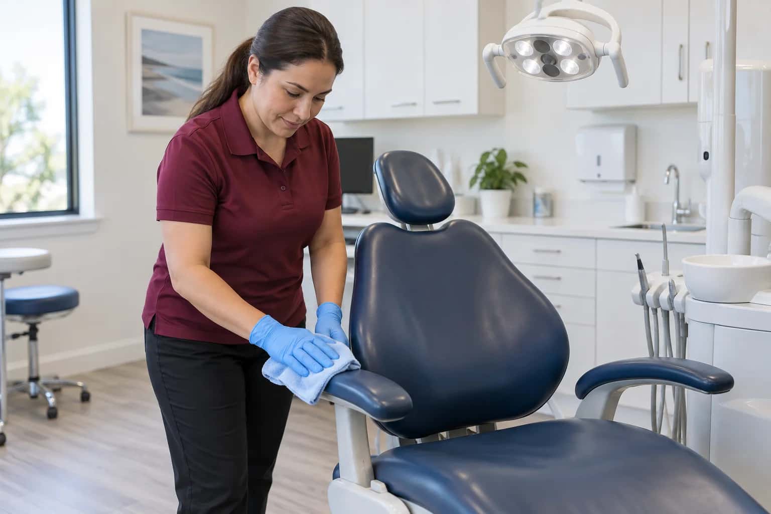 Gloved cleaner wiping a dental chair armrest in a treatment room.