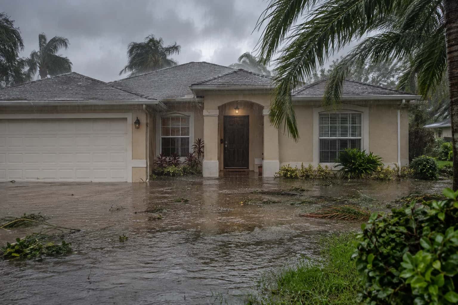 Storm floodwater reaching the entrance of a home.